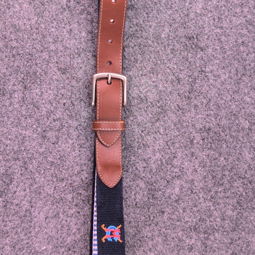 Peter Millar Belt Mens 32 Navy Blue Leather Canvas Embroidered Golf 1893 USA VTG